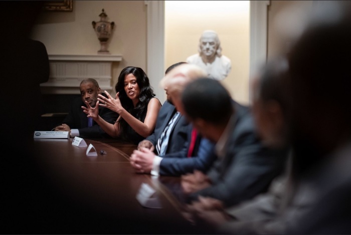 Sonnie Johnson speaks to President Donald Trump during a White House roundtable with black leaders and activists in Washington, D.C. on June 10, 2020. 