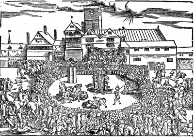 A woodcut illustration of the burning of Protestant preacher Anne Askew at Smithfield, London, England on July 16, 1546. 
