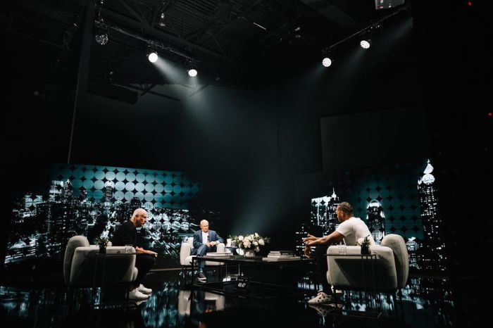 Pastor Louie Giglio, Chick-fil-A CEO Dan Cathy (C) and rapper Lecrae address racism at Passion City Church in Atlanta, June 14, 2020.