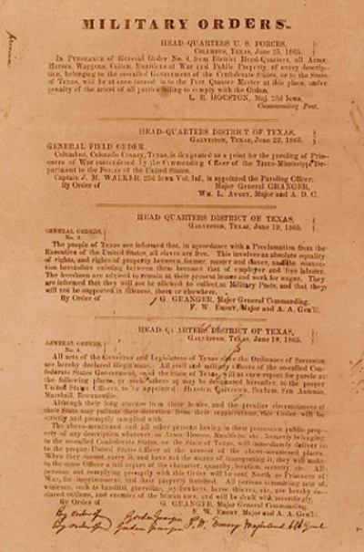 A copy of General Order Number 3 of June 19, 1865, which was issued by Union General Gordon Granger to enforce the Emancipation Proclamation in Texas. The anniversary of this order is celebrated every June 19th as Juneteenth, also called 'Freedom Day' or 'Jubilee Day.' 