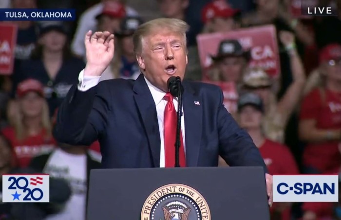President Donald Trump at a campaign rally in Tulsa, Oklahoma