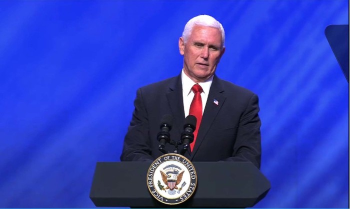 Vice President Mike Pence speaks at First Baptist Dallas at the annual “Celebrate Freedom Sunday” on June 28, 2020. 
