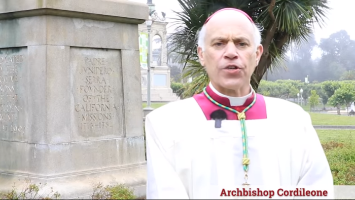 Archbishop Salvatore Cordileone, head of the archdiocese of San Francisco, stands at the site where Father Junipero Serra's statue once stood in San Francisco’s Golden Gate Park.