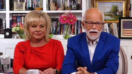 Televangelist Jim Baker, 80 (R) and his wife Lori appear on "The Jim Bakker Show" on July 8, 2020.