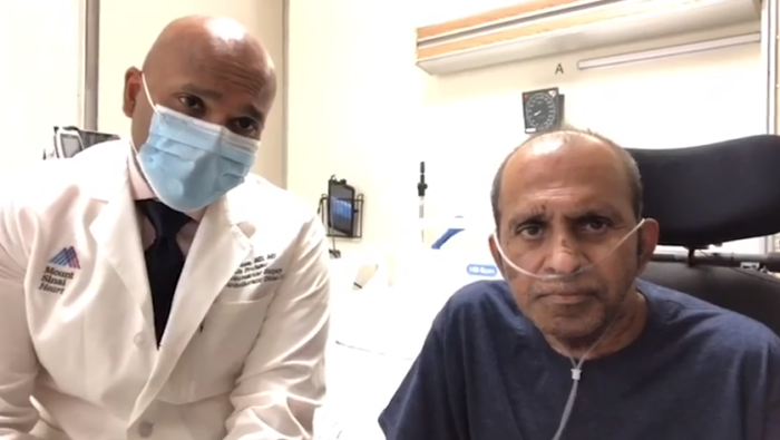 Dr. Robin Varghese (L), heart surgeon at The Mount Sinai Hospital in New York City who runs the cardiac surgery ICU, is seen here with Pastor Benjamin Thomas (R), who recovered from COVID-19 after a 100-day fight.