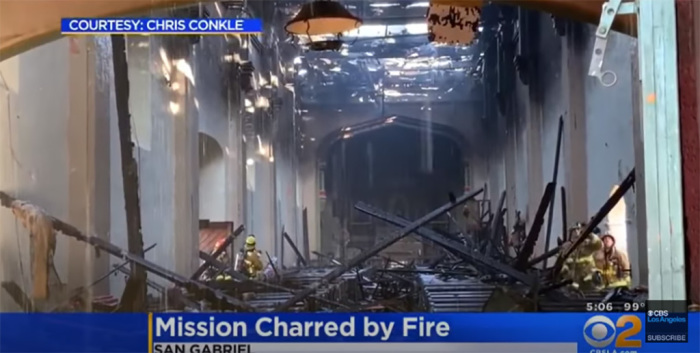 The building that houses the nearly 250-year-old San Gabriel Mission in California sustained extensive damage in a fire on June 11, 2020.