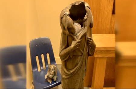 A beheaded statue of Jesus at Good Shepherd Catholic Church in West Kendall, Florida.