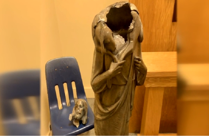 A beheaded statue of Jesus at Good Shepherd Catholic Church in West Kendall, Florida. 