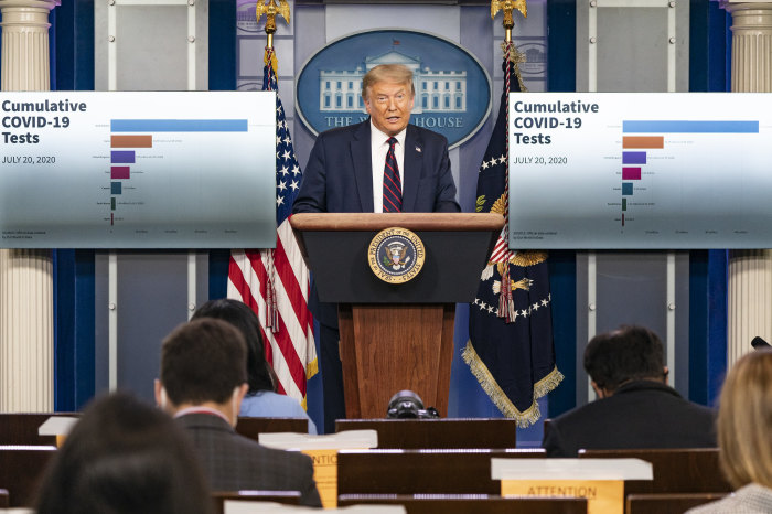 President Donald J. Trump delivers remarks and answers questions from members of the press during a COVID-19 coronavirus update, Tuesday, July 21, 2020, in the James S. Brady White House Press Briefing Room. 