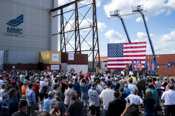 President Donald J. Trump delivers remarks to employees and guests Thursday, June 25, 2020, at Fincantieri Marinette Marine in Marinette, Wis. 
