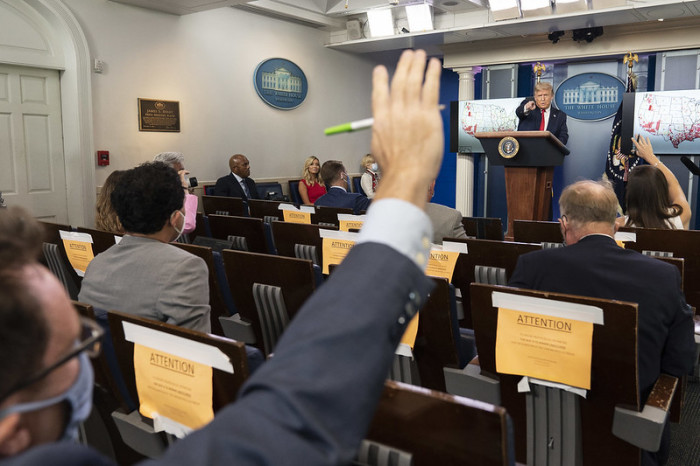 President Donald J. Trump addresses his remarks Thursday, July 23, 2020, in the James S. Brady Press Briefing Room of the White House. 