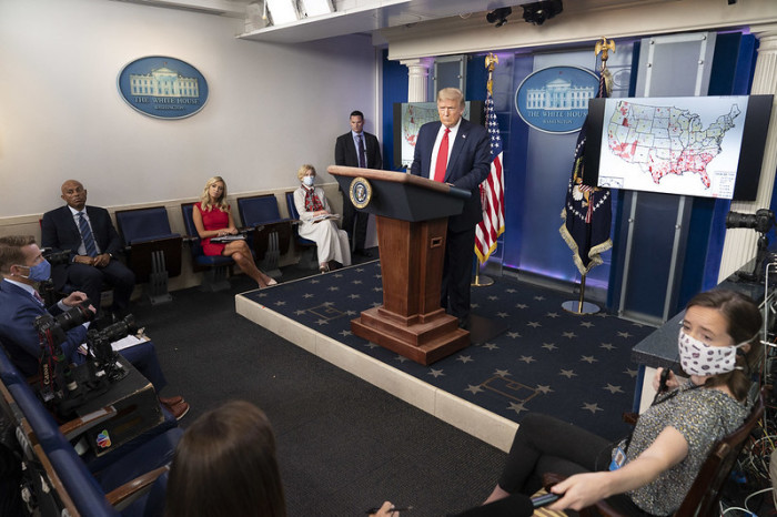 President Donald J. Trump addresses his remarks Thursday, July 23, 2020, in the James S. Brady Press Briefing Room of the White House. 