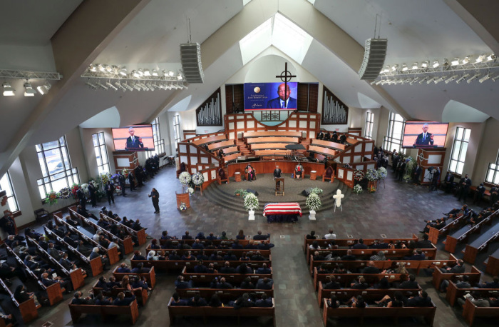 Former President Barack Obama gives the eulogy at the funeral service for the late Rep. John Lewis, D-Ga., at Ebenezer Baptist Church on July 30, 2020, in Atlanta, Georgia. 