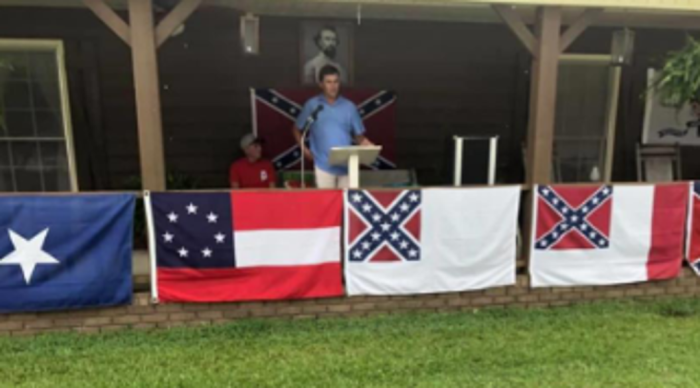 Will Dismukes, 30, a pastor in the Southern Baptist Convention and a Republican state representative in Alabama, gives the invocation at an event celebrating the 199th birthday of former KKK Grand Wizard Nathan Bedford Forrest.