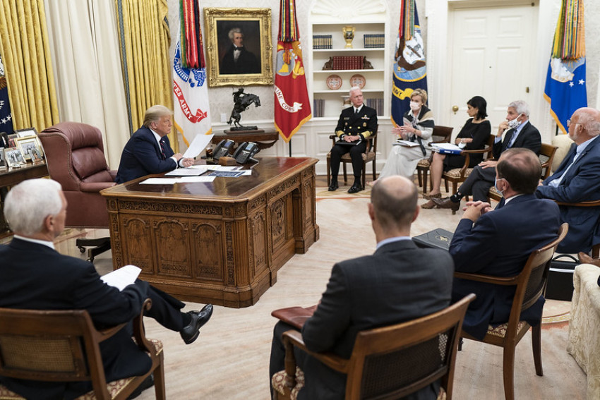 President Donald J. Trump, joined by Vice President Mike Pence and members of the White House Coronavirus Task Force, participates in a coronavirus update briefing on Aug. 4, 2020, in the Oval Office Room of the White House.