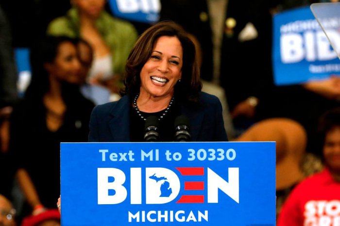 California Senator Kamala Harris endorses Democratic presidential candidate former Vice President Joe Biden as she speaks to supporters during a campaign rally at Renaissance High School in Detroit, Michigan, on March 9, 2020. 