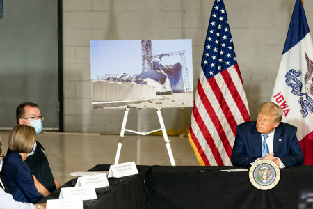 President Donald J. Trump receives a briefing on Iowa disaster recovery Tuesday, Aug. 18, 2020, at Eastern Iowa Airport in Cedar Rapids, Iowa.