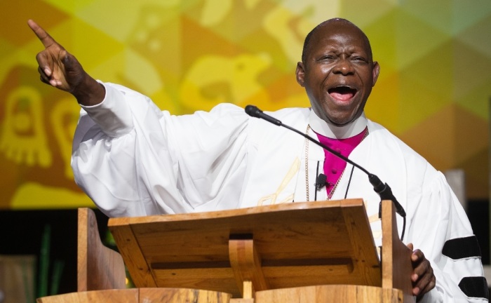 United Methodist Church Bishop John Yambasu of Sierra Leone gives the sermon during morning worship on UMC General Conference in Portland, Oregon, on May 19, 2016. 