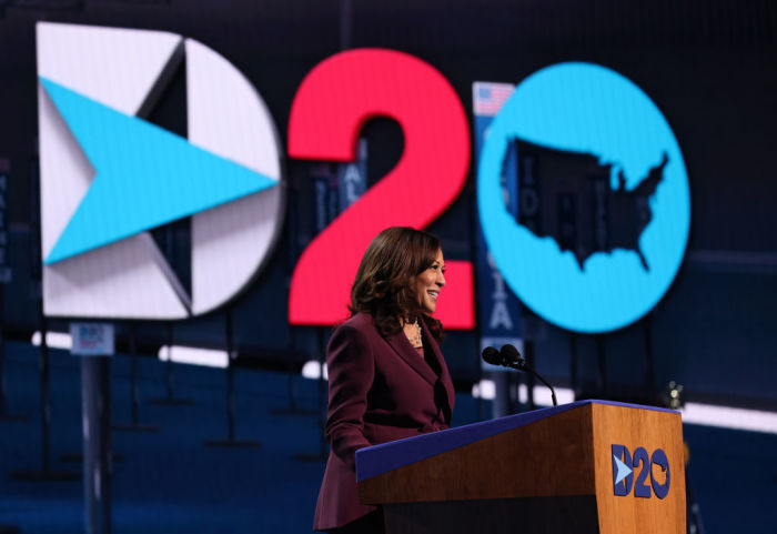 Democratic vice presidential nominee U.S. Sen. Kamala Harris, D-Calif., speaks on the third night of the Democratic National Convention from the Chase Center in Wilmington, Delaware on Aug. 19, 2020. 
