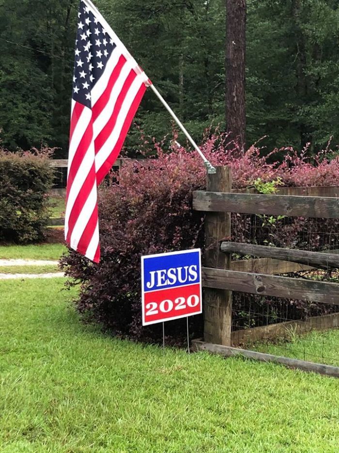 A campaign sign for the 'Jesus 2020' movement 