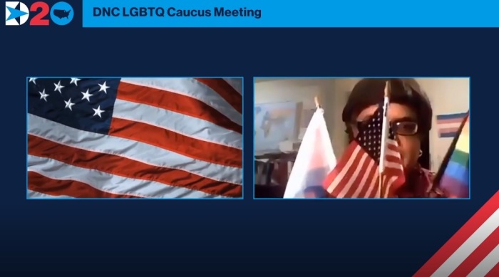 A panelist recites the Pledge of Allegiance during the Democratic National Convention's LGBTQ Caucus Meeting on Aug. 18, 2020.