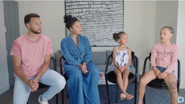 NBA star Steph Curry and his wife, Ayesha, speak with their kids during a video broadcasted during the Democratic National Convention on Aug. 20, 2020. 
