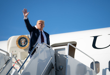 President Donald J. Trump arrives at Wilkes-Barre Scranton International Airport in Avoca, Pa. Thursday, August 20, 2020, and boards Air Force One en route to Joint Base Andrews, Md.