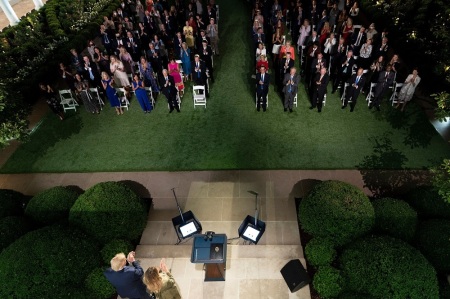 President Donald Trump stands with first lady Melania Trump after she addressed the Republican National Convention during its second day from the Rose Garden of the White House on August 25, 2020, in Washington, DC.