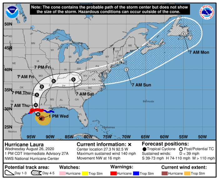 The projected path of Hurricane Laura, as of Wednesday afternoon Aug. 26. 2020, according to the National Hurricane Center. 