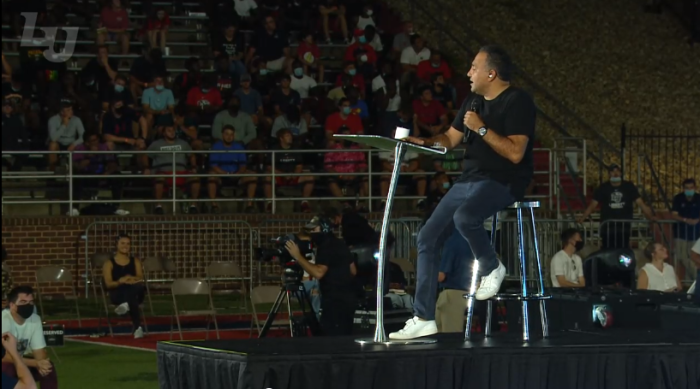 David Nasser, Liberty University's campus pastor, addresses students during a Campus Community event on Wednesday, August 26, 2020.