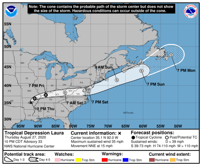 The projected path of Hurricane Laura as of Friday, August 28, 2020, according to the National Hurricane Center. 
