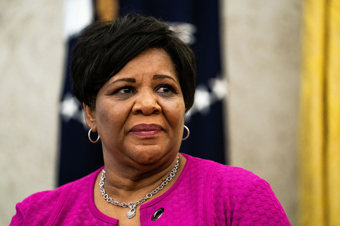 Alice Johnson listens during an event in the Oval Office of the White House August 28, 2020, in Washington, D.C. President Donald Trump has officially pardoned former federal prisoner Alice Johnson, who was sentenced to life for cocaine trafficking in 1997 and recently received a commutation from the President in 2018. 