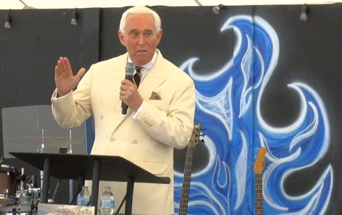 Roger Stone spoke at Pastor Greg Locke's Global Vision Bible Church in Tennessee on Sunday August 30, 2020.