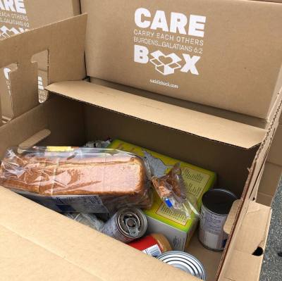 A food box is prepared for distribution, 2020.