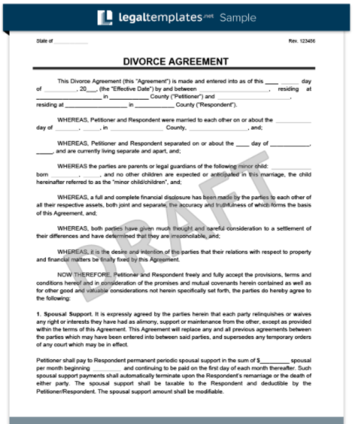 Image of a sample divorce agreement.