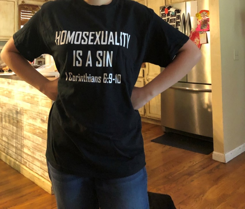 Brielle Penkoski, daughter of Rev. Rich Penkoski, was sent home from high school in Livingston, Tennessee, for refusing to change out of this shirt, proclaiming that "homosexuality is a sin."