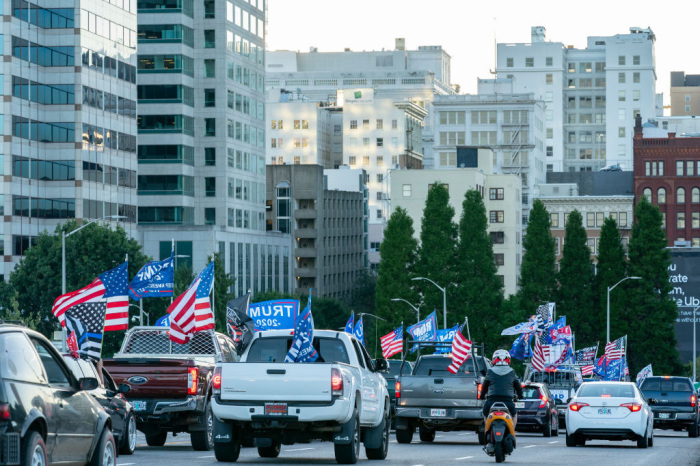 Pro-Trump supporters drive into downtown during a rally in support of the president on August 29, 2020, in Portland, Oregon. 