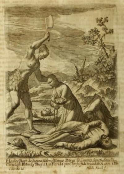 A seventeenth century engraving depicting the martyrdom of Jesuit missionary Juan Baptista de Segura and his companions in modern day Virginia in February 8, 1571. 