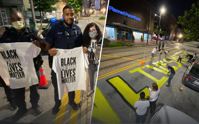 Baltimore police officers pose with pro-lifers, who painted 'black preborn lives matter' outside a Planned Parenthood facility, Sept. 5, 2020.