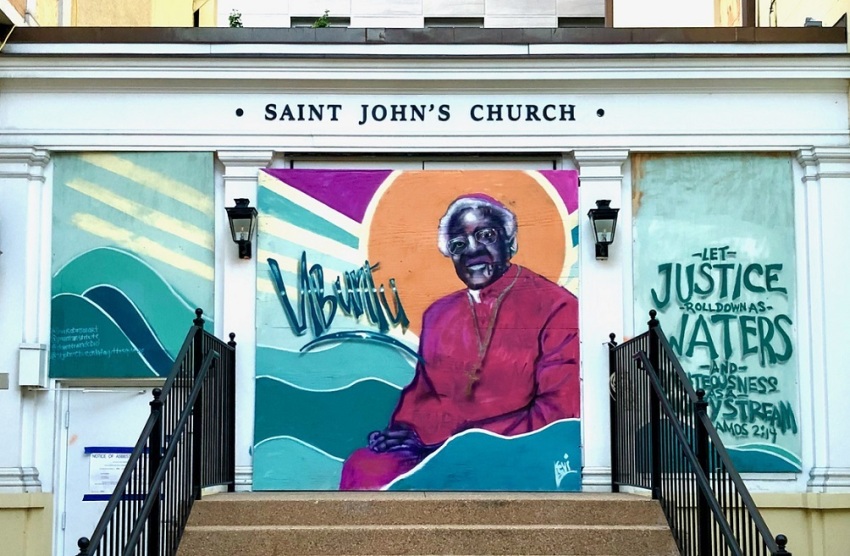 In September 2020, a group of volunteers painted murals on the protective plywood panels placed at St. John's Episcopal Church in Washington, D.C. Racial justice was a major theme of the work.