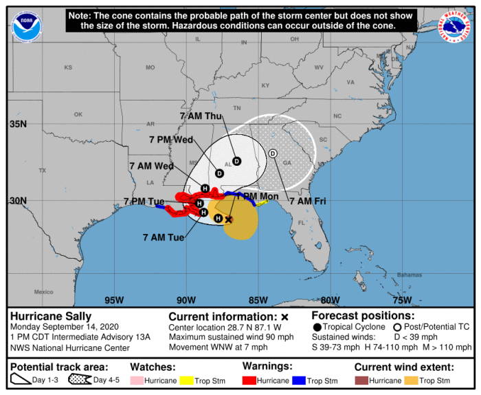 Hurricane Sally's projected path, as of Sept. 14, 2020.