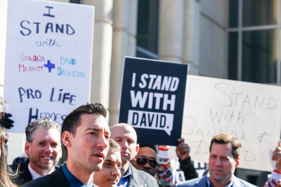 David Daleiden, a defendant in an indictment stemming from a Planned Parenthood video he helped produce, speaks to the media after appearing in court at the Harris County Courthouse on February 4, 2016, in Houston, Texas. Daleiden is facing an indictment on a misdemeanor count of purchasing human organs, and along with defendant Sandra Merritt, is charged with tampering with a governmental record. 