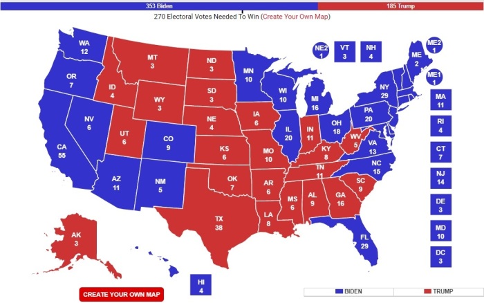 RealClearPolitics 'no toss ups map' predicting the results of the 2020 presidential election, accessed Sept. 21, 2020. 