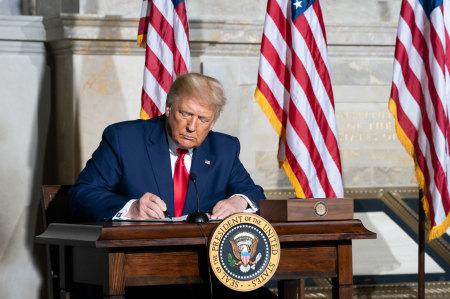 President Donald J. Trump signs the Constitution Day, Citizenship Day, and Constitution Week 2020 Proclamation Thursday, Sept. 17, 2020, during the White House Conference on American History at the National Archives and Records Administration in Washington, D.C.