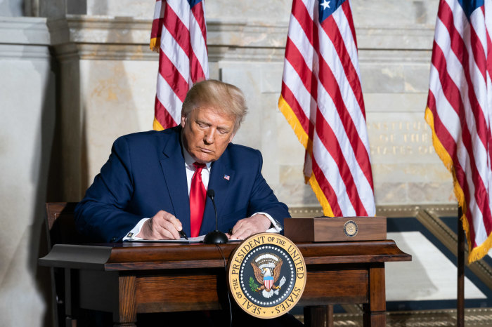 President Donald J. Trump signs the Constitution Day, Citizenship Day, and Constitution Week 2020 Proclamation Thursday, Sept. 17, 2020, during the White House Conference on American History at the National Archives and Records Administration in Washington, D.C. 