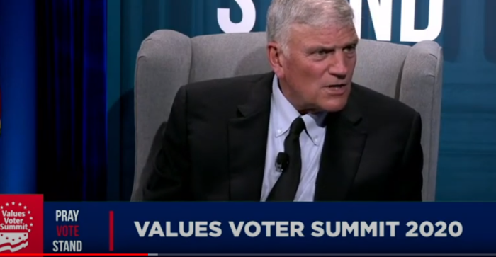 Rev. Franklin Graham speaks with Family Research Council President Tony Perkins at the 2020 Values Voter Summit, Sept. 25, 2020.