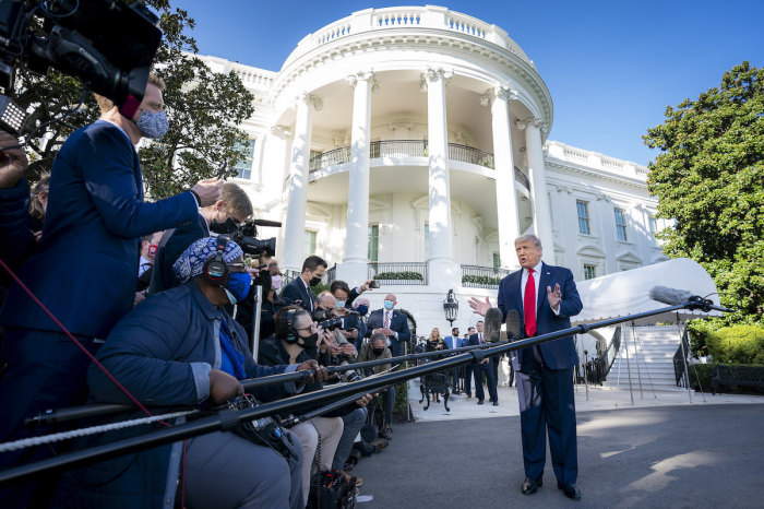 President Donald J. Trump speaks with reporters outside the South Portico entrance of the White House Saturday, Sept. 19, 2020. 
