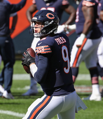 Nick Foles #9 of the Chicago Bears participates in warm-ups before a game against the New York Giants at Soldier Field on September 20, 2020, in Chicago, Illinois. (Photo by Jonathan Daniel/Getty Images)