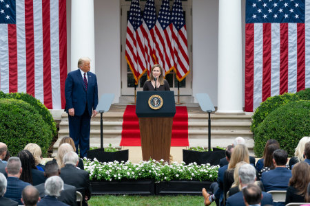 Judge Amy Coney Barrett delivers remarks after President Donald J. Trump announced her as his nominee for Associate Justice of the Supreme Court of the United States Saturday, Sept. 26, 2020, in the Rose Garden of the White House.