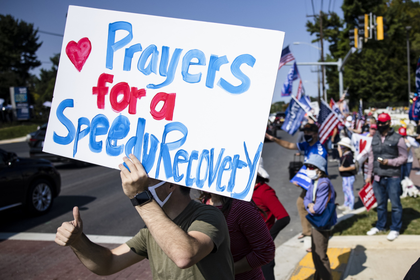 Supporters of President Donald Trump gather outside of Walter Reed National Military Medical Center after the President was admitted for treatment of COVID-19 on October 4, 2020 in Bethesda, Maryland. The President announced via Twitter early Friday morning that he had tested positive. Numerous other prominent GOP figures and members of Congress have also tested positive in the last few days.